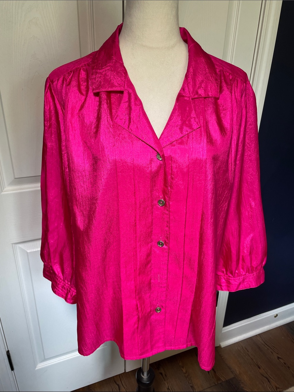 Vtg Laura & Jayne Two Fuchsia Pink Pleated Blouse Shantung Crinkle Shirt 80s 90s